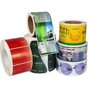 Assorted rolls of printed commercial product labels