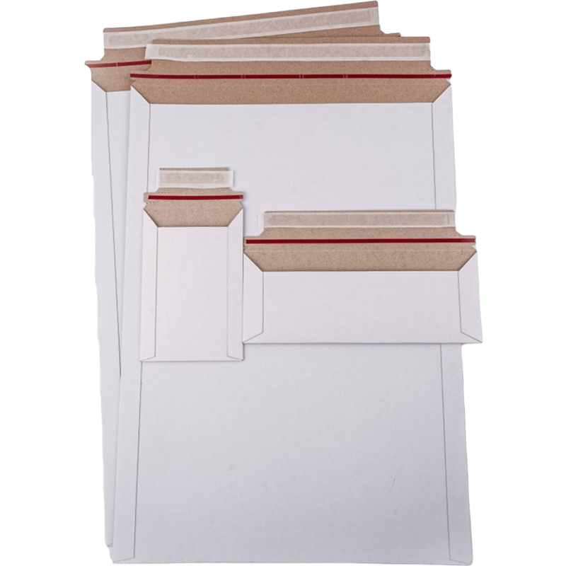 White rigid mailing envelopes in multiple sizes with peel-and-seal strips