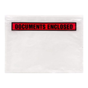 Clear document envelope printed with a red Documents Enclosed label
