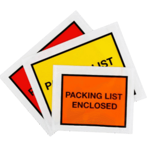 Three white document envelopes with red, yellow and orange packing list labels