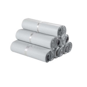 Stack of rolled gray plastic mailing bags