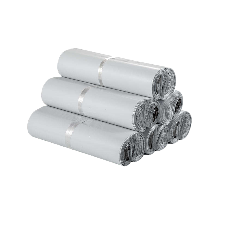 Stack of rolled gray plastic mailing bags