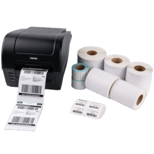 Thermal label printer beside white shipping label rolls and printed labels