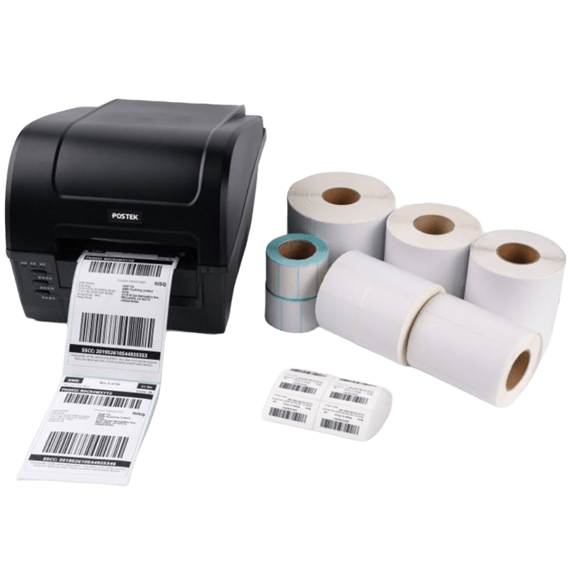 Thermal label printer beside white shipping label rolls and printed labels