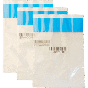 Three translucent security bags with blue seals and barcode labels
