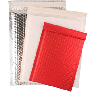Colorful PE bubble mailers in red, white and silver