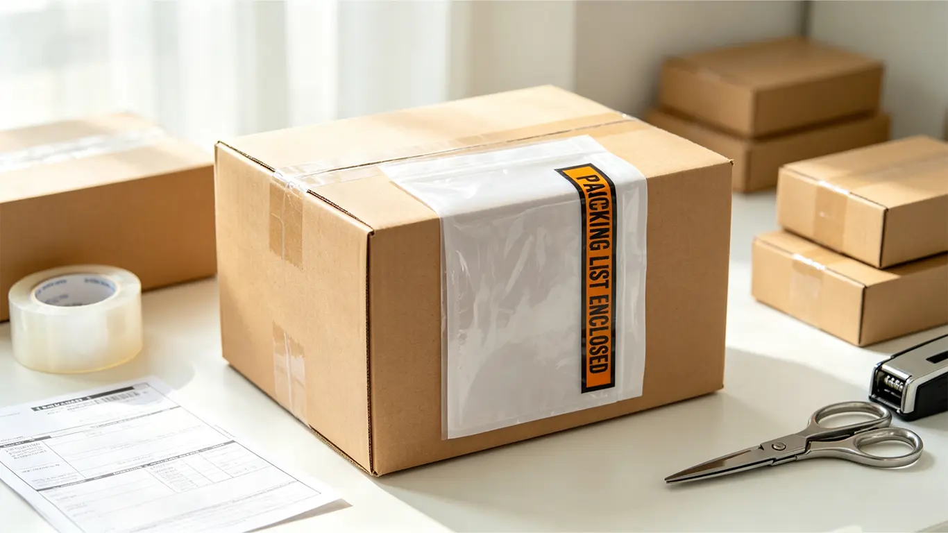 Packing list envelope protecting documents on a shipping carton
