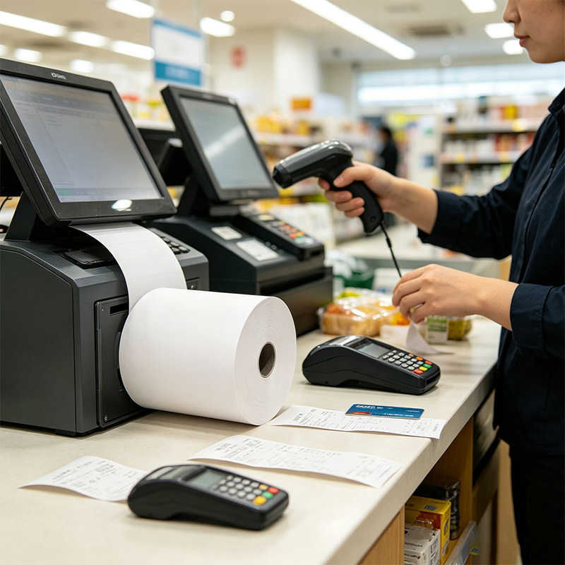 Thermal receipt paper used at a retail POS checkout