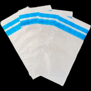 Translucent white security bags with blue sealing strips arranged in a fan